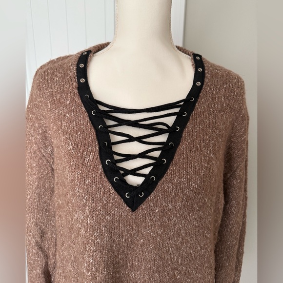 Brown Lace Up Sweater - Picture 2 of 6